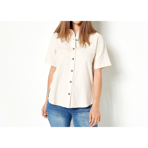 Studio Park x Courtney Khondabi Button Button-Front Linen-Blend Top- Sand, Small - Picture 1 of 2